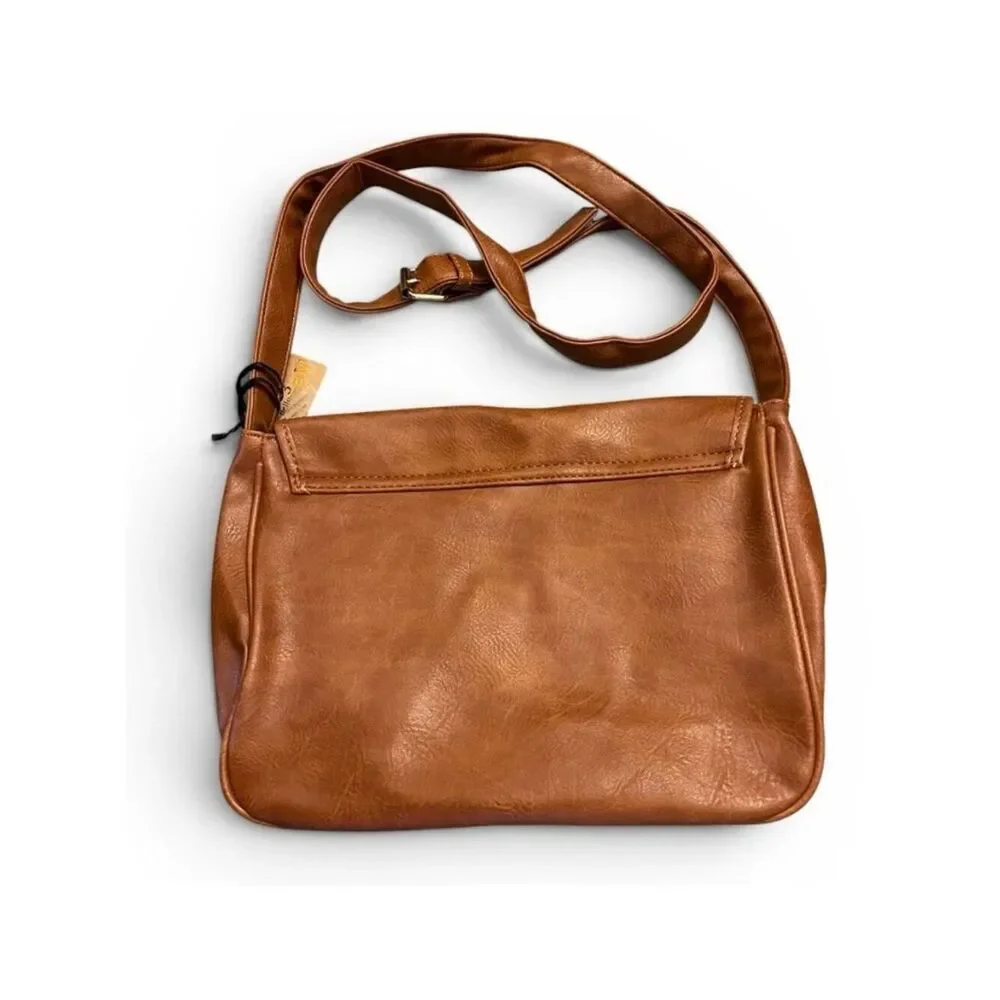 Hello 3AM Brown Faux Leather Satchel Crossbody Bag Patches Star Smiley Face Lips